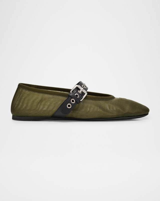 Mesh Buckle Mary-Jane Ballerina Flats